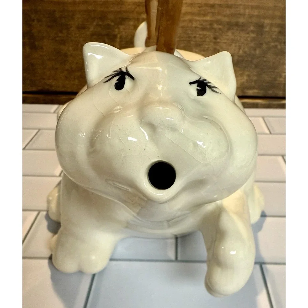 Vintage Cat Ceramic Teapot w/ Bamboo Handle Signed‎ Fumi — Crazing, Chip on Lid